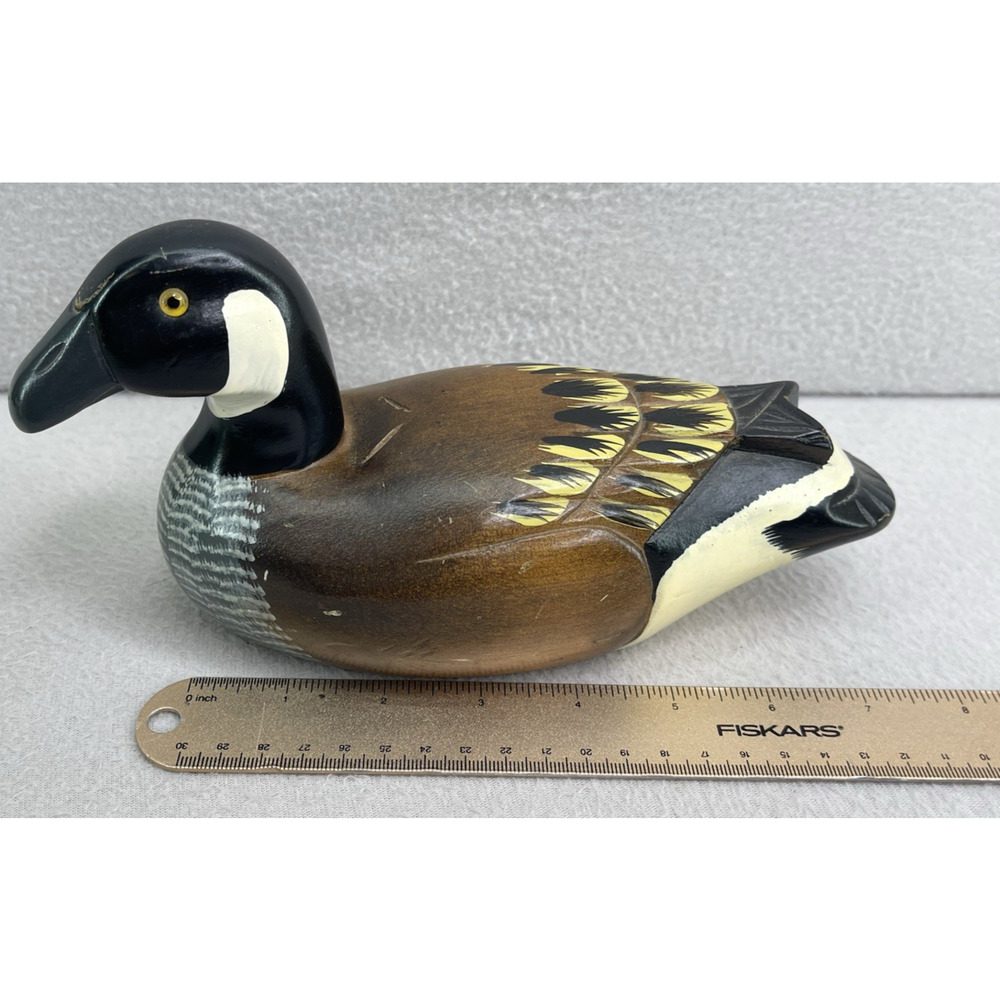 VTG Canada Goose Wood Decoy 7.5" Hand Carved Painted Folk Art Glass Eyes